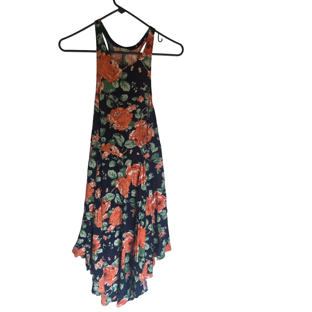 Intimately Free People Navy Orange Floral Racerback Handkerchief Hem Dress S‎